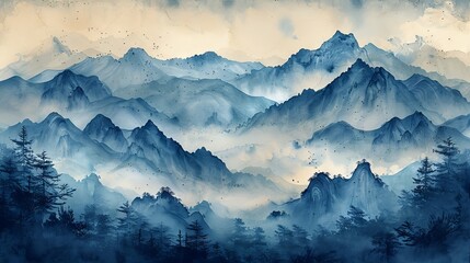 Japanese wave background modern. Vintage style mountain landscape banner with watercolor texture.