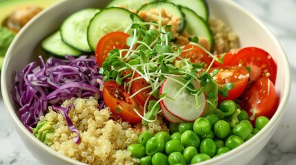 Delectable vegan lunch bowl with creamy avocado, nutty quinoa, juicy tomatoes, refreshing cucumbers, crunchy red cabbage, sweet green peas, and crisp reddish sprouts.