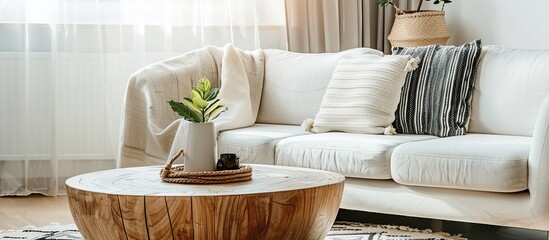Round wood coffee table against white sofa. Scandinavian home interior design.