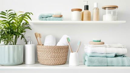 Obraz na płótnie Canvas Modern bathroom shelf with hygiene supplies