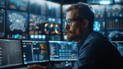 Tech professional analyzing data on multiple screens