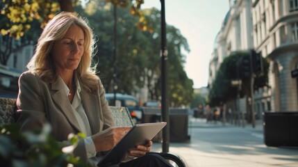 Mature businesswoman working on tablet outdoors
