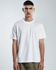 Young man in plain white t-shirt on gray background