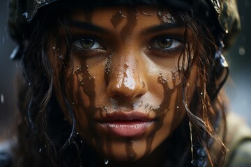 Intense expression of a young woman with wet face
