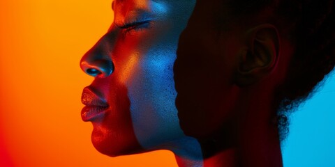 Vibrant neon portrait of woman in profile