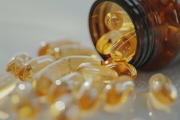 Spilled omega-3 fish oil capsules from bottle