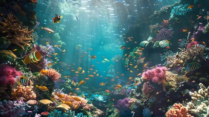 Dive into the vibrant underwater world, where colorful tropical fish dart through coral reefs, creating a vibrant ecosystem beneath the shimmering surface.