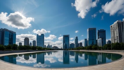 A blue sky with white clouds is in front of a city with several tall buildings and a reflecting pool of water in the midst of the street.