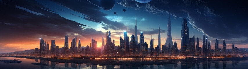 Obraz premium futuristic city skyline at sunset