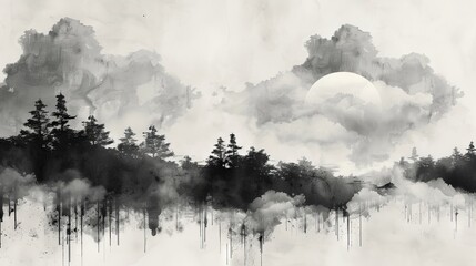 The abstract art landscape elements are made from Chinese cloud decorations with white and black watercolor textures.