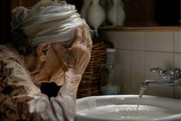 An elderly Asian woman washes her face in the bathroom sink of her home as morning light streams in through a window 