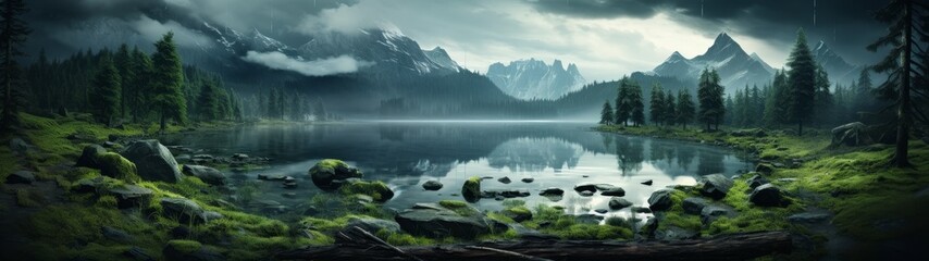 serene mountain lake landscape with misty forest
