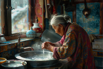 An elderly Asian woman washes her hands as morning light streams in through a window. She is in a colorful wooden home