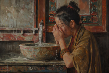 asian woman with bun in her hair, drinking water from a tap in a typical ancient scene