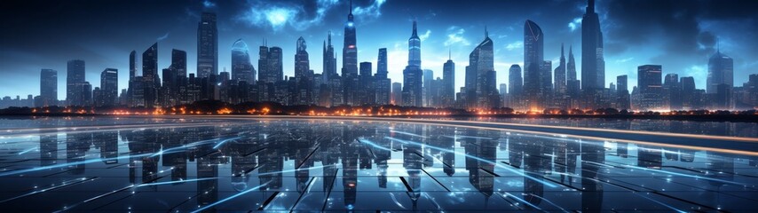 Futuristic city skyline at night with reflections