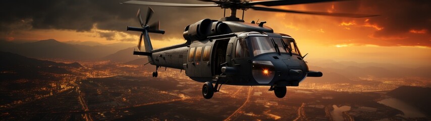 military helicopter flying over city at sunset
