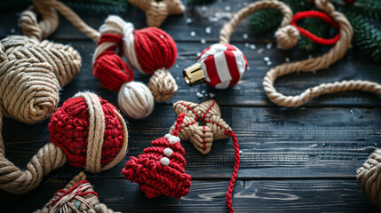 Handmade Christmas toys and rope on dark wooden background