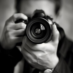 Photographer Capturing Moments Through Camera Lens in Black and White. AI.