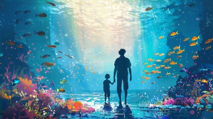 Families and couples explore the wonders of the ocean in an aquarium, filled with awe and love.
