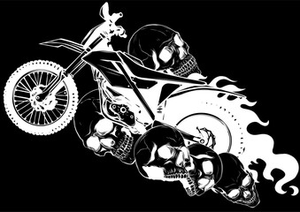 white silhouette of skulls around motocross motorcycle with flames on black background