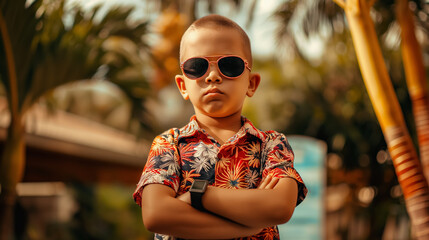 Young boy exuding cool confidence, arms crossed and wearing sunglasses, posing under a tropical setting, suggesting a playful and bold personality.