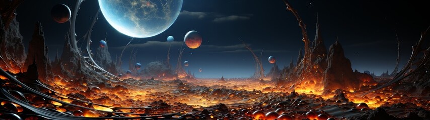 Alien landscape with glowing planets and lava
