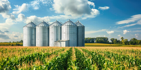 Silos in a corn field. Metal containers for storing harvested corn. Storage of agricultural production.