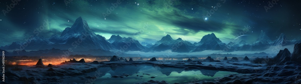 Canvas Prints Breathtaking Aurora Borealis landscape with majestic mountains and glowing skies