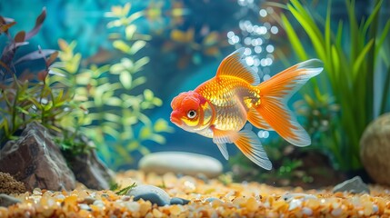 Goldfish in an aquarium with plants, sand, and rocks.