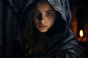 Mysterious hooded figure with intense gaze