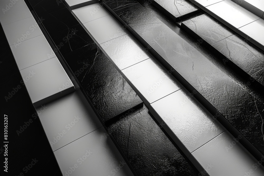 Poster monochromatic image of glossy black and white checkered tiles with their reflection and texture in s