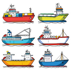 Colorful cargo ships fishing boats set white background, cartoon style illustration. Maritime transportation seafood industry concept different vessel types, bright primary colors. Sea transport