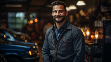 Smiling man in casual outfit standing in front of car
