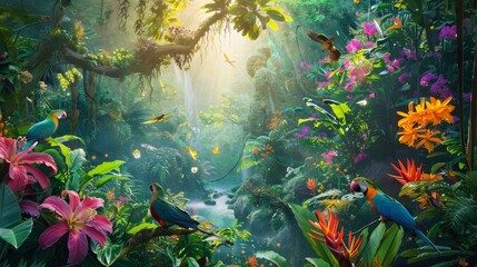 Fototapeta na wymiar Bright Birds and Flowers in the Rainforest