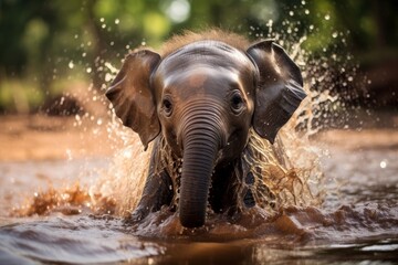 Playful elephant splashing in water