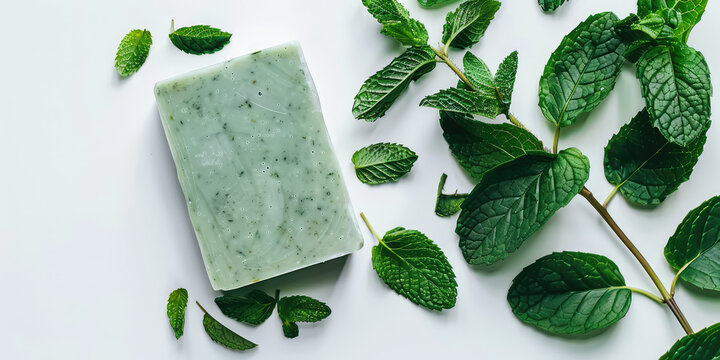 Artisan made natural handmade mint leaves soap piece on a white background with peppermint leaf composition in minimal trendy style, copy space. 
