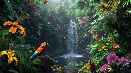 Fototapeta na wymiar Birds and Flowers in the Rainforest