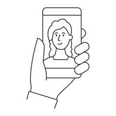 Vector icon hand holding smartphone with young woman. Selfie video call blogger. Conference online course, conversation with girlfriend, doctor, dating app. Editable stroke symbol. Stock illustration