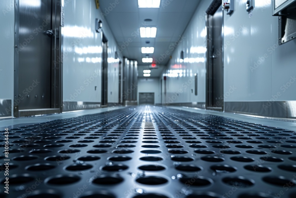 Poster perspective view of a metal floor in a clean, modern corridor with a dotted pattern and lines leadin