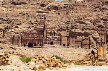 Jordan. Ancient city of Petra, rock-hewn is capital Nabataean kingdom. Houses, crypts and temples are carved into blocks of red sandstone. Pink city of Petra is one of seven new wonders of world.