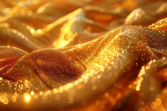 A close-up of a shimmering golden fabric that features intricate textures, exuding an aura of sophistication and glamour
