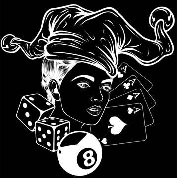 recommend clip art: white silhouette of sugar woman head with joker hat on black background