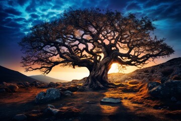 Obraz premium Dramatic sunset over twisted tree in desert landscape