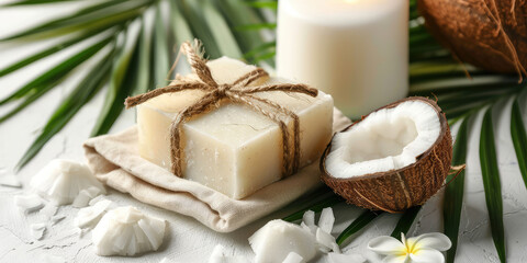 Artisan made natural handmade coconut oil soap piece on a white background with composition in minimal trendy style, copy space. 