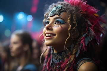 Obraz premium Vibrant portrait of a smiling woman with feathered headdress