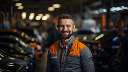 Smiling mechanic in a car repair shop