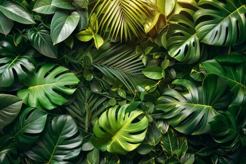 Lush greenery with various tropical leaves, such as Monstera and Palm, creating a full, vibrant background texture