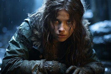 Intense gaze of a determined woman in the wilderness