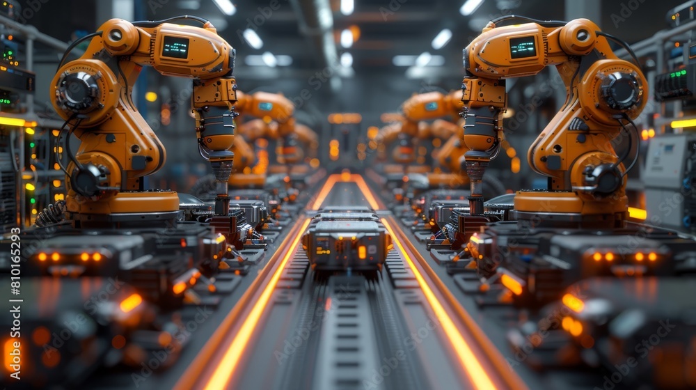 Poster a factory equipped with robotic arms assembling a robot illustrates advancements in technology and a