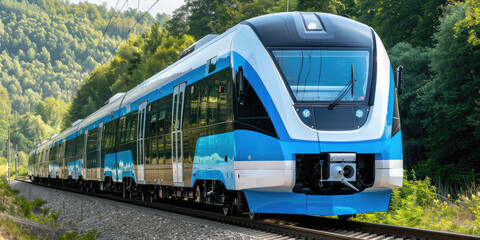 Fototapeta premium Closeup modern train in a scenic landscape, copy space. Detail of a high-speed train for intercity land travel.